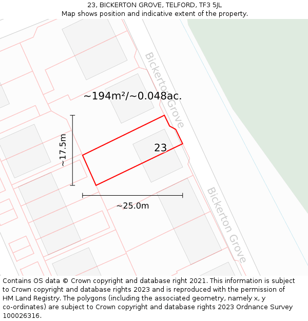 23, BICKERTON GROVE, TELFORD, TF3 5JL: Plot and title map