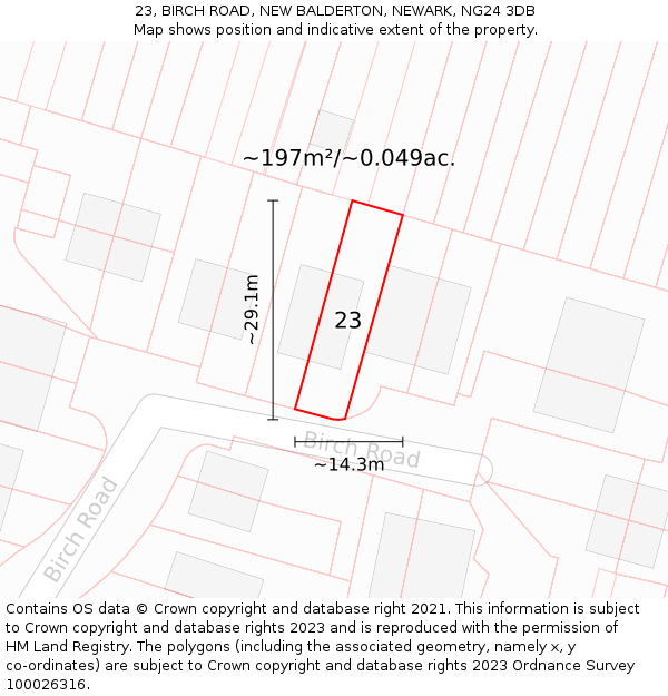 23, BIRCH ROAD, NEW BALDERTON, NEWARK, NG24 3DB: Plot and title map