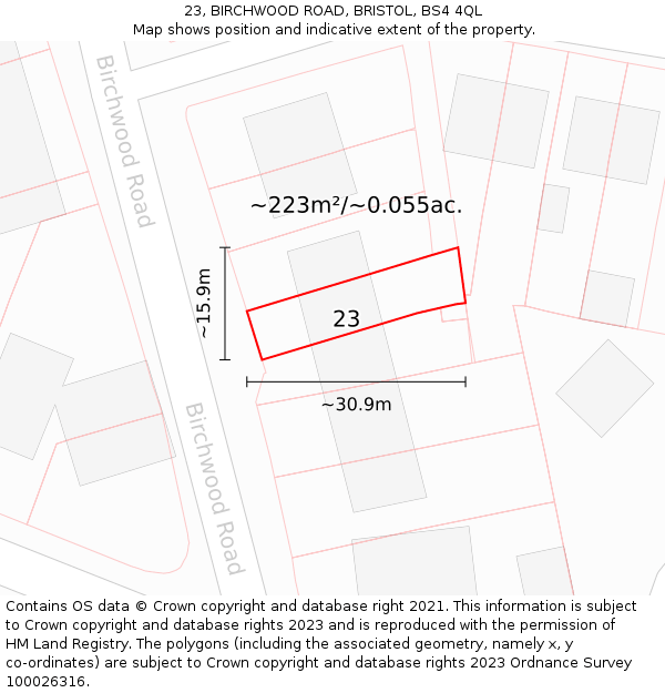 23, BIRCHWOOD ROAD, BRISTOL, BS4 4QL: Plot and title map