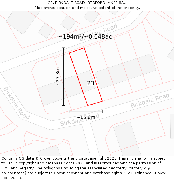 23, BIRKDALE ROAD, BEDFORD, MK41 8AU: Plot and title map