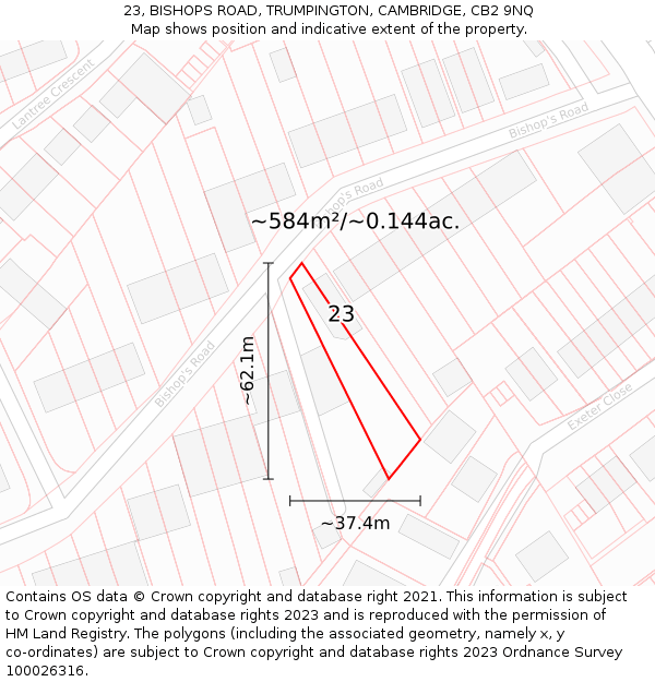 23, BISHOPS ROAD, TRUMPINGTON, CAMBRIDGE, CB2 9NQ: Plot and title map