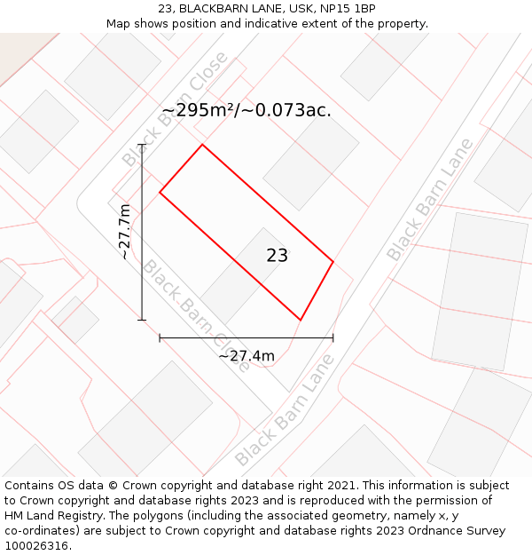 23, BLACKBARN LANE, USK, NP15 1BP: Plot and title map