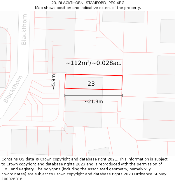 23, BLACKTHORN, STAMFORD, PE9 4BG: Plot and title map