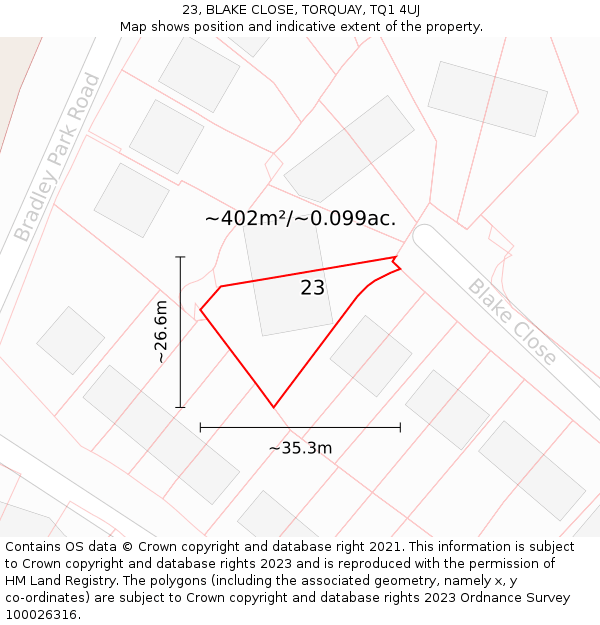 23, BLAKE CLOSE, TORQUAY, TQ1 4UJ: Plot and title map