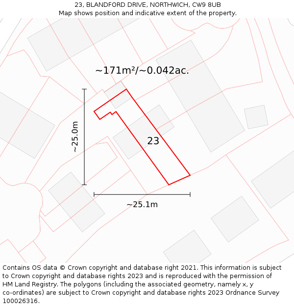 23, BLANDFORD DRIVE, NORTHWICH, CW9 8UB: Plot and title map