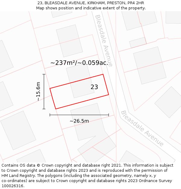 23, BLEASDALE AVENUE, KIRKHAM, PRESTON, PR4 2HR: Plot and title map