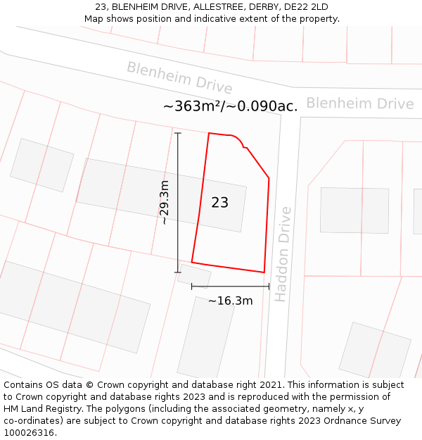 23, BLENHEIM DRIVE, ALLESTREE, DERBY, DE22 2LD: Plot and title map