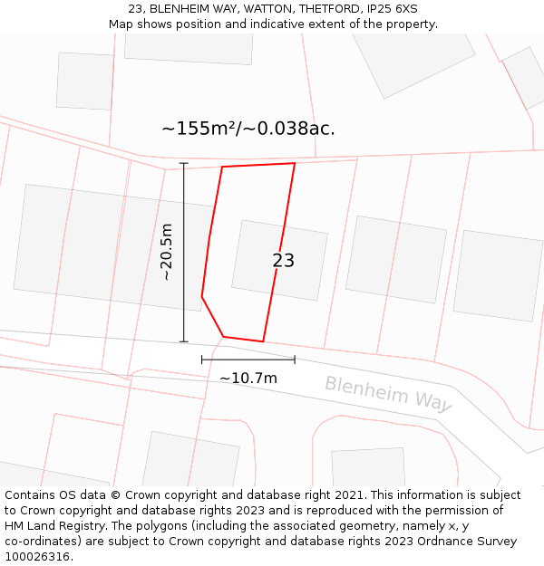 23, BLENHEIM WAY, WATTON, THETFORD, IP25 6XS: Plot and title map