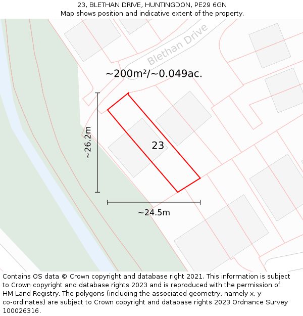 23, BLETHAN DRIVE, HUNTINGDON, PE29 6GN: Plot and title map