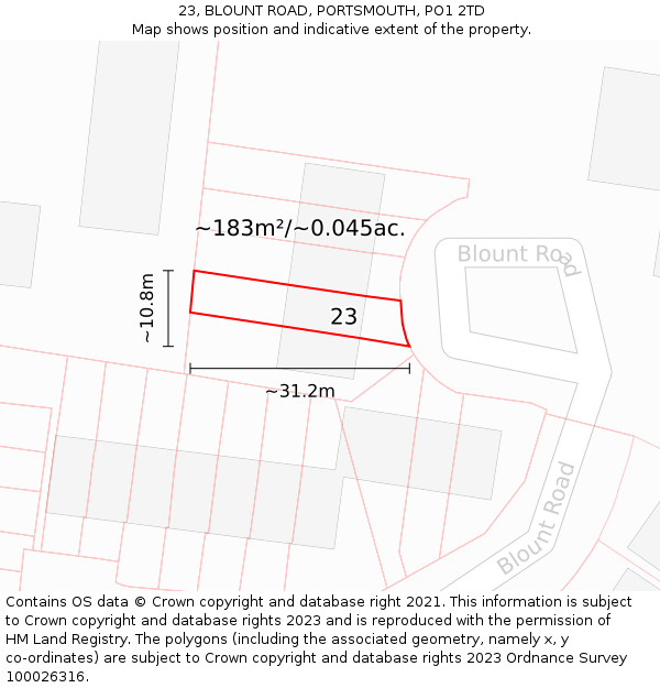 23, BLOUNT ROAD, PORTSMOUTH, PO1 2TD: Plot and title map