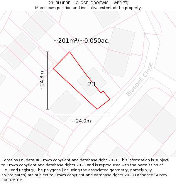 23, BLUEBELL CLOSE, DROITWICH, WR9 7TJ: Plot and title map