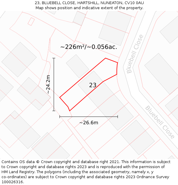 23, BLUEBELL CLOSE, HARTSHILL, NUNEATON, CV10 0AU: Plot and title map