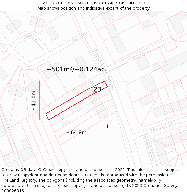 23, BOOTH LANE SOUTH, NORTHAMPTON, NN3 3ER: Plot and title map