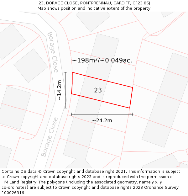 23, BORAGE CLOSE, PONTPRENNAU, CARDIFF, CF23 8SJ: Plot and title map