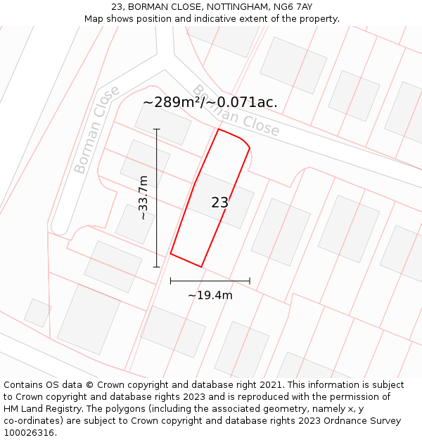 23, BORMAN CLOSE, NOTTINGHAM, NG6 7AY: Plot and title map