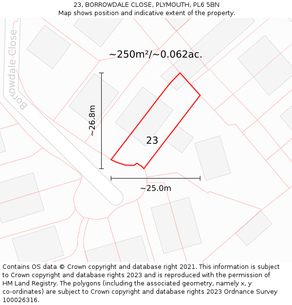 23, BORROWDALE CLOSE, PLYMOUTH, PL6 5BN: Plot and title map