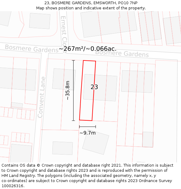 23, BOSMERE GARDENS, EMSWORTH, PO10 7NP: Plot and title map