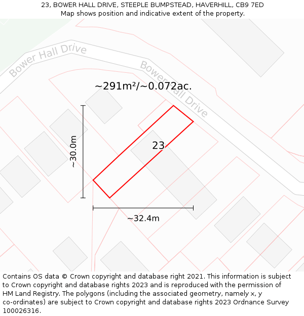 23, BOWER HALL DRIVE, STEEPLE BUMPSTEAD, HAVERHILL, CB9 7ED: Plot and title map