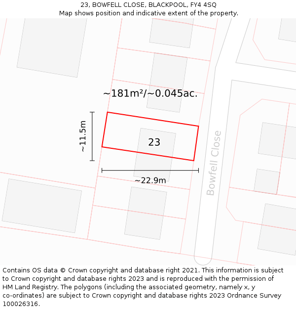 23, BOWFELL CLOSE, BLACKPOOL, FY4 4SQ: Plot and title map