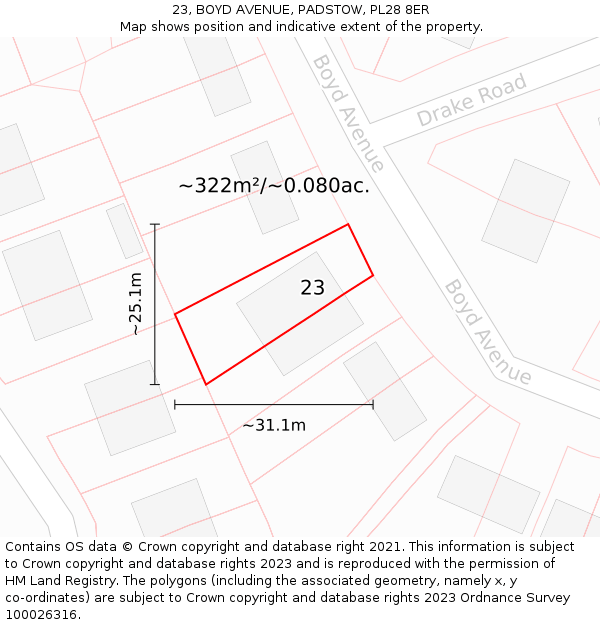 23, BOYD AVENUE, PADSTOW, PL28 8ER: Plot and title map