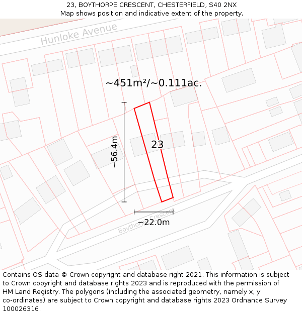 23, BOYTHORPE CRESCENT, CHESTERFIELD, S40 2NX: Plot and title map