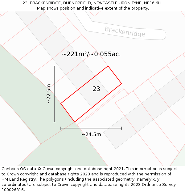 23, BRACKENRIDGE, BURNOPFIELD, NEWCASTLE UPON TYNE, NE16 6LH: Plot and title map