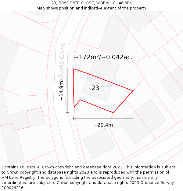 23, BRADGATE CLOSE, WIRRAL, CH46 6FN: Plot and title map