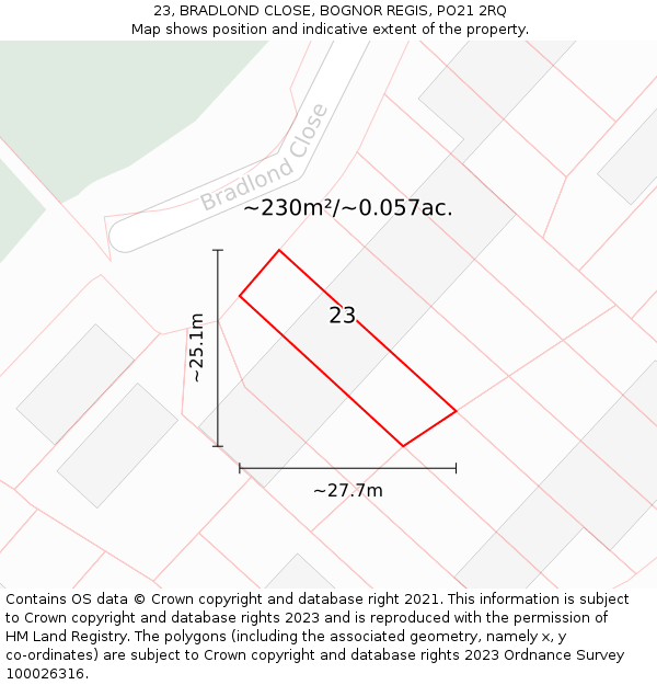 23, BRADLOND CLOSE, BOGNOR REGIS, PO21 2RQ: Plot and title map