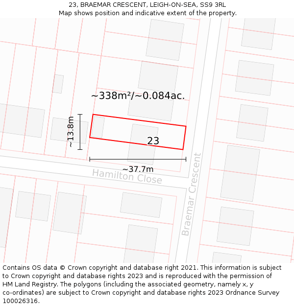 23, BRAEMAR CRESCENT, LEIGH-ON-SEA, SS9 3RL: Plot and title map