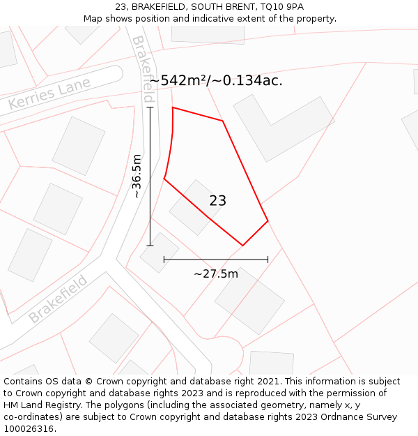 23, BRAKEFIELD, SOUTH BRENT, TQ10 9PA: Plot and title map