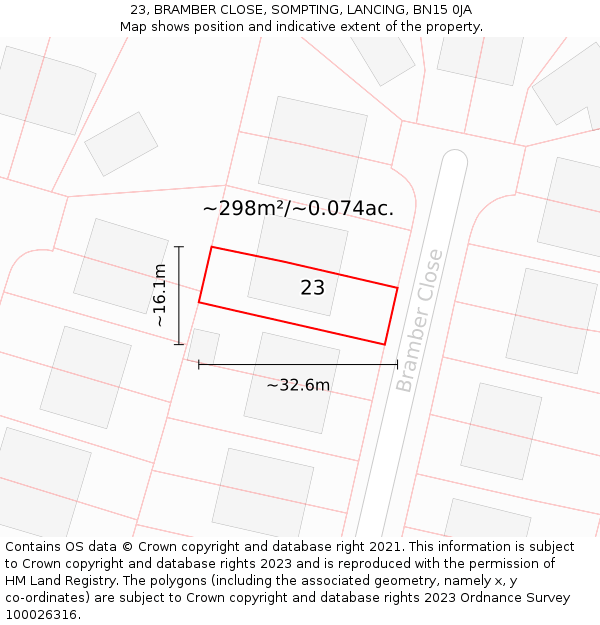 23, BRAMBER CLOSE, SOMPTING, LANCING, BN15 0JA: Plot and title map