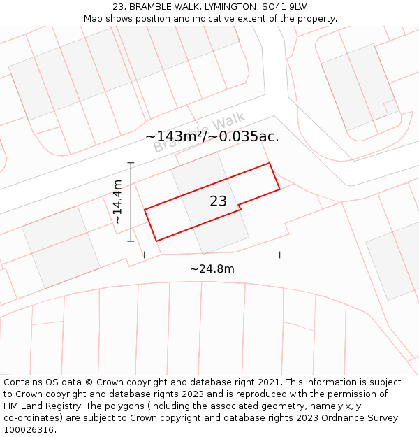 23, BRAMBLE WALK, LYMINGTON, SO41 9LW: Plot and title map