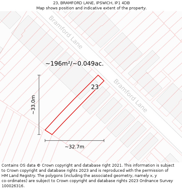 23, BRAMFORD LANE, IPSWICH, IP1 4DB: Plot and title map