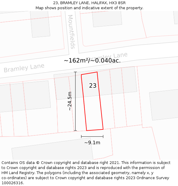 23, BRAMLEY LANE, HALIFAX, HX3 8SR: Plot and title map