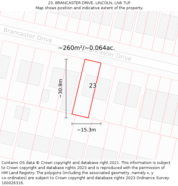 23, BRANCASTER DRIVE, LINCOLN, LN6 7UF: Plot and title map