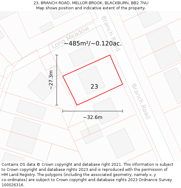 23, BRANCH ROAD, MELLOR BROOK, BLACKBURN, BB2 7NU: Plot and title map