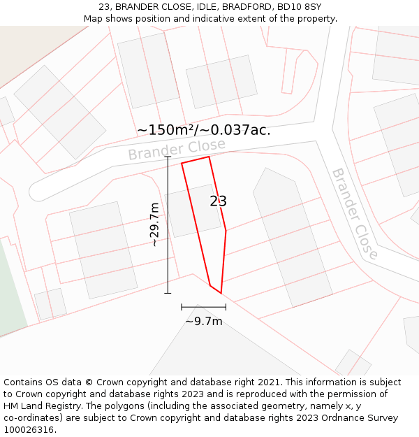 23, BRANDER CLOSE, IDLE, BRADFORD, BD10 8SY: Plot and title map