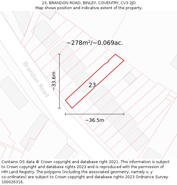 23, BRANDON ROAD, BINLEY, COVENTRY, CV3 2JD: Plot and title map