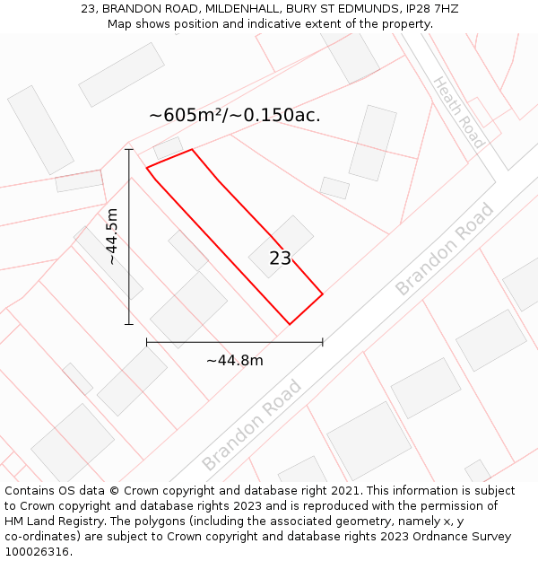 23, BRANDON ROAD, MILDENHALL, BURY ST EDMUNDS, IP28 7HZ: Plot and title map