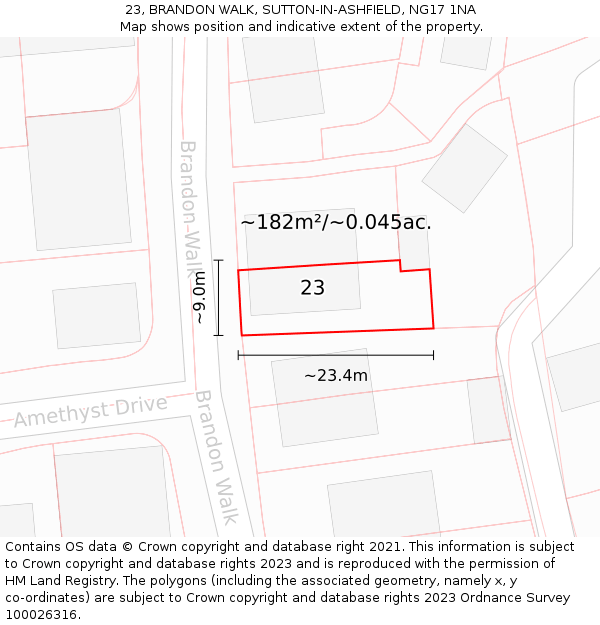 23, BRANDON WALK, SUTTON-IN-ASHFIELD, NG17 1NA: Plot and title map