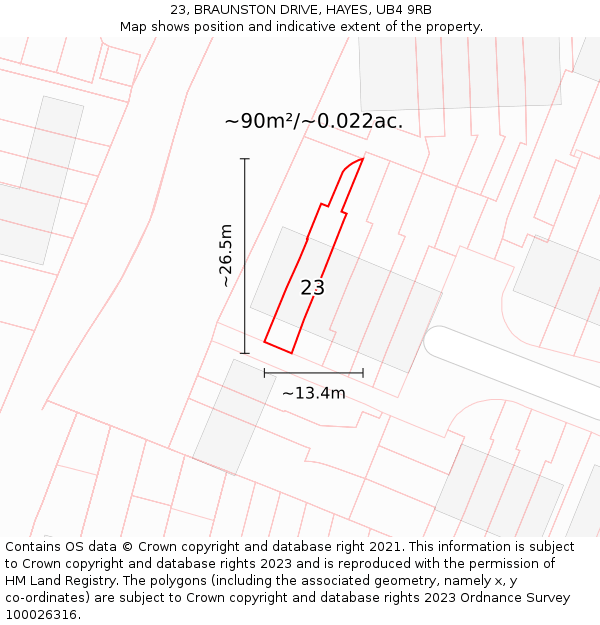 23, BRAUNSTON DRIVE, HAYES, UB4 9RB: Plot and title map