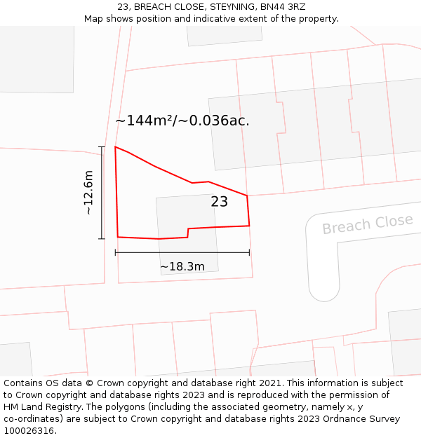 23, BREACH CLOSE, STEYNING, BN44 3RZ: Plot and title map
