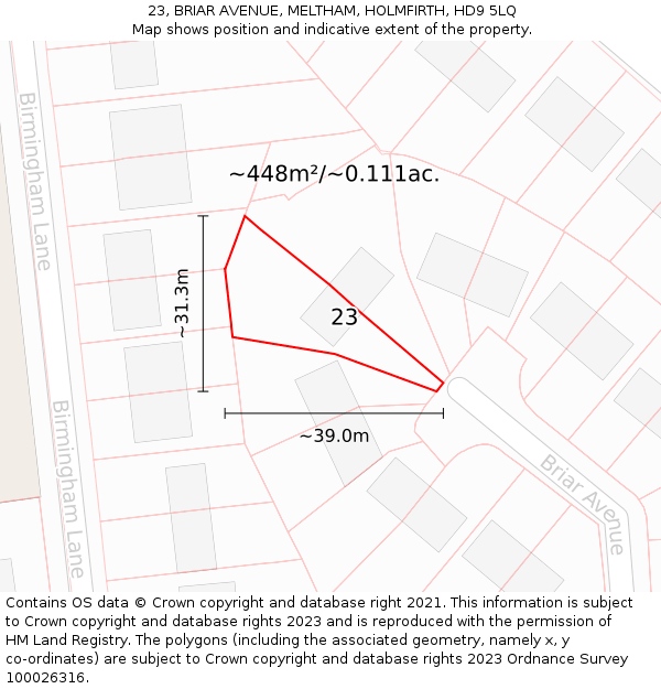 23, BRIAR AVENUE, MELTHAM, HOLMFIRTH, HD9 5LQ: Plot and title map