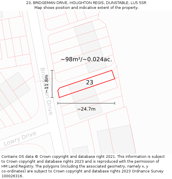 23, BRIDGEMAN DRIVE, HOUGHTON REGIS, DUNSTABLE, LU5 5SR: Plot and title map