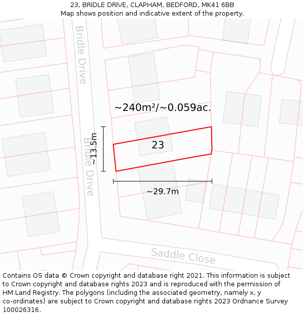 23, BRIDLE DRIVE, CLAPHAM, BEDFORD, MK41 6BB: Plot and title map