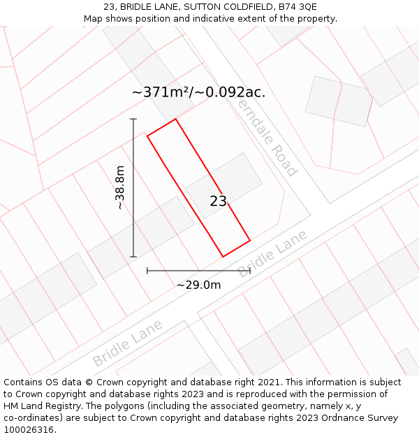 23, BRIDLE LANE, SUTTON COLDFIELD, B74 3QE: Plot and title map