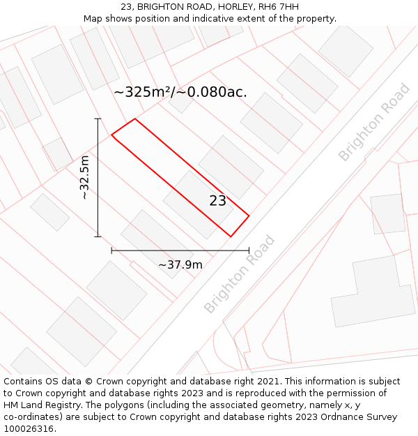 23, BRIGHTON ROAD, HORLEY, RH6 7HH: Plot and title map