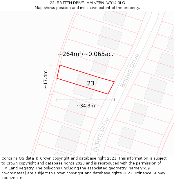 23, BRITTEN DRIVE, MALVERN, WR14 3LG: Plot and title map