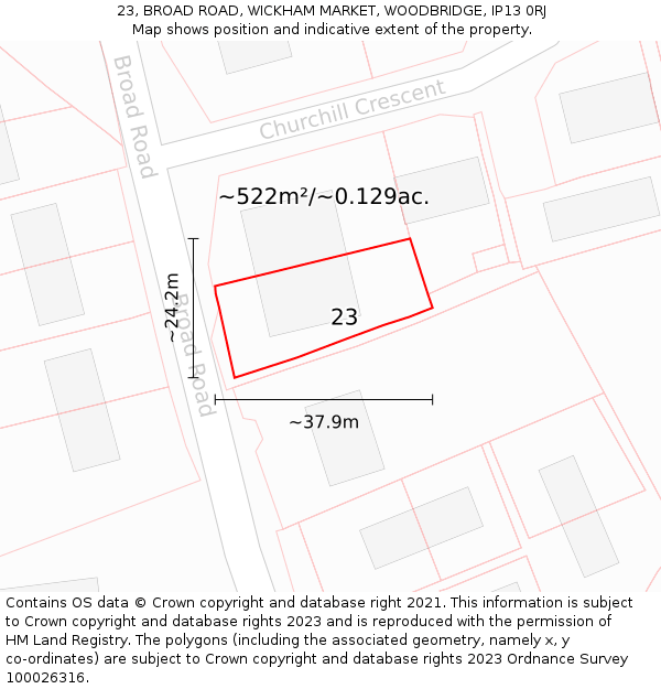 23, BROAD ROAD, WICKHAM MARKET, WOODBRIDGE, IP13 0RJ: Plot and title map