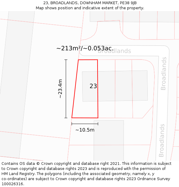 23, BROADLANDS, DOWNHAM MARKET, PE38 9JB: Plot and title map